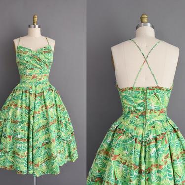 vintage 1950s dress | Gorgeous Green Abstract Print Soft Cotton Sweeping Full Skirt Summer Sun Dress | Small | 50s vintage dress 