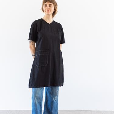 Vintage Black Short Sleeve Simple Dress Studio Tunic | V Neck Raglan Sleeve Painter Smock | S | 