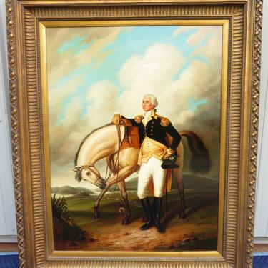 SIGNED Oil Painting GEORGE WASHINGTON AT VERPLANCKS POINT w/ Art Crate PRESIDENT