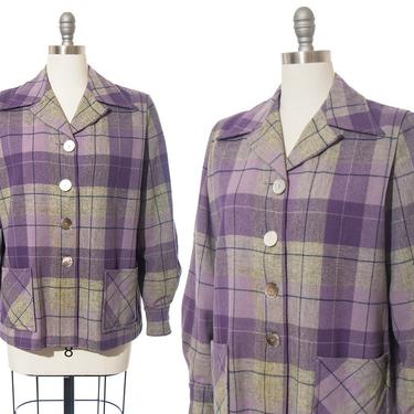 Vintage 1950s Pendleton 49er Jacket | 50s Purple Grey Plaid Wool Abalone Buttons Sport Coat (large) 