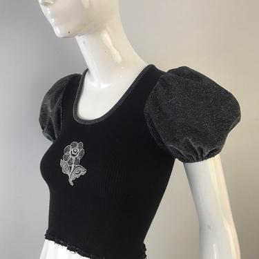 70s GLAM ROCK silver lurex &amp; knit puff sleeve appliqué shrunken top blouse S vintage 1970s 