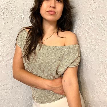 90s Vintage Slouchy Knit Beige Sleeveless Top - Tan / Neutral Sexy Off Shoulder Summer Shirt 