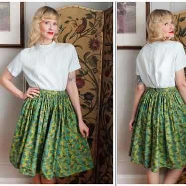 1950s Skirt // Bright Green Abstract Full Skirt // vintage 50s skirt 