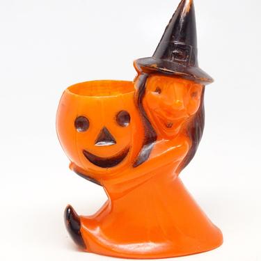 Vintage 1950's Halloween Candy Container, Rosbro Witch Holding a Jack-o-lantern, Antique Retro Decor 
