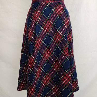Vintage 60s Wool Plaid Circle Skirt // Tartan Blue and Red High Waisted 