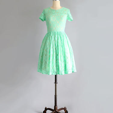 CLAIRE | Mint-  fresh mint green lace bridesmaid dress with short sleeves.  vintage inspired cotton lace knee length dress. 
