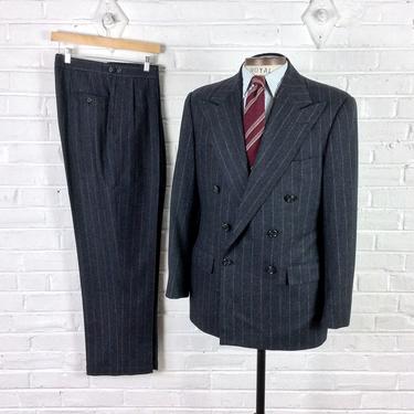Size 40/42, 36x32 Vintage Polo Ralph Lauren Chalk Stripe Gray Flannel Double Breasted 2pc Suit 