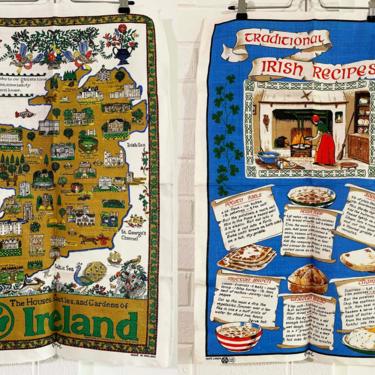 Vintage Fingal Irish Linen Tea Towels Pair Set of 2 Cotton Kitchen Mid-Century 60s 1960s MCM Ireland Souvenir NOS Deadstock Recipes Map 