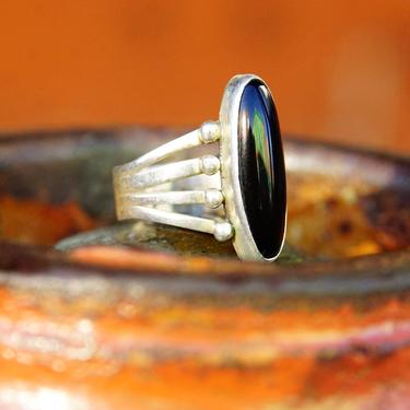 Vintage Native American Sterling Silver Onyx Ring, Hand Stamped JL, Split 4-Prong Band, Elongated Glossy Black Gemstone, Size 9 1/4 US 