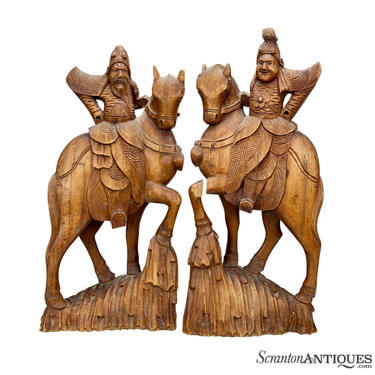 Vintage Chinese Carved Walnut Warrior on Horse Sculptures - A Pair