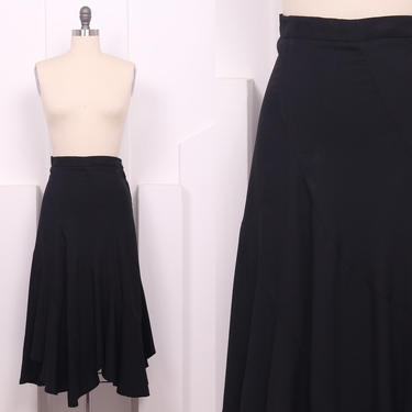 Vintage 1940's Black Rayon Skirt • 40's Asymetrical Bias Cut Scalloped Skirt • Size Small 
