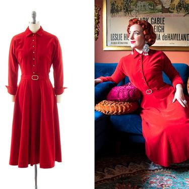 Vintage 1950s Shirt Dress | 50s Red Velveteen Velvet Rhinestone Buttons Belt Fit and Flare Holiday Cocktail Party Shirtwaist Dress (small) 