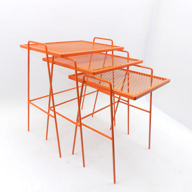 Mid Century Modern Salterini Nesting Tables Metal Wire Patio Living Room Mesh Grate Style Tables Vibrant Orange 