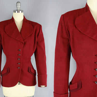 1940s Red &amp; Black Blazer | Vintage 40s Jacket with Huge Rounded Lapels and Two-Tone Buttons | medium 