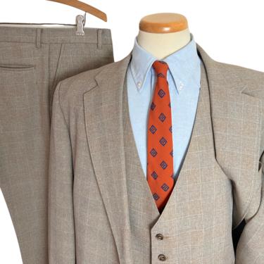 Vintage 1970s JOHN BLAIR 3pc Suit ~ 48 to 50 R ~ vest / waistcoat ~ pants / jacket / sport coat ~ 70s ~ Glen Plaid ~ XXL / 2XL 