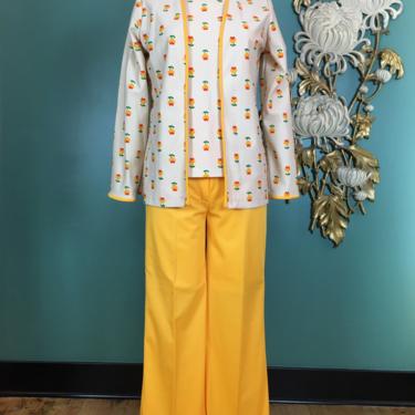 1970s pantsuit,3 piece set, vintage pants, jacket and top, small medium, polyester set, mod outfit, wide leg pants, yellow floral, retro, 27 