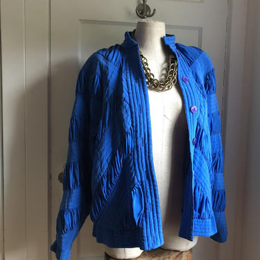 1980s Electric Blue Quilted Silk Bomber Jacket- size med 