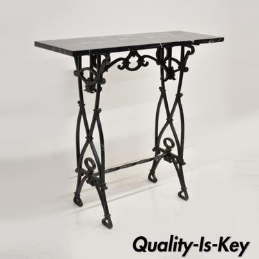 Antique French Art Nouveau Marble Top Wrought Iron Small Console Hall Table