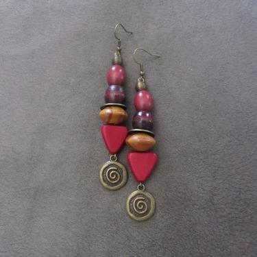 Wooden earrings, dangle earrings, Afrocentric jewelry, African earrings, geometric earrings, mid century modern earrings, red earrings 