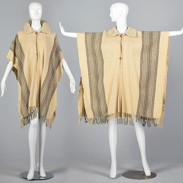 Bohemian Wool Poncho Chunky Knit Collar Boho Autumn Cape Wrap Sleeveless Coat Casual Fall Outerwear Vintage 1970s 