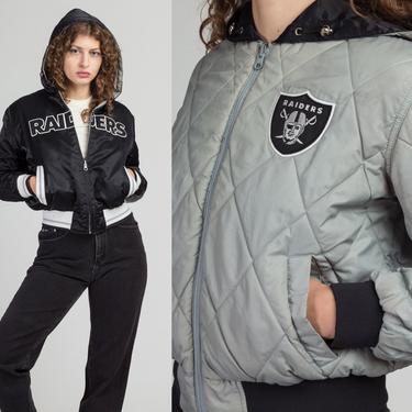90s Raiders NFL Reversible Cropped Jacket - Women's Medium | Vintage Las Vegas Football Zip Up Hooded Puffy Coat 