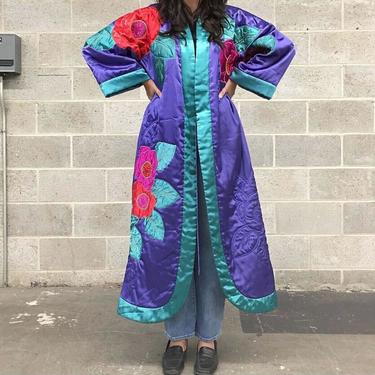 Vintage Robe Retro 1980s Kathleen Usherwood for Periphery + Size Medium + Quilted + Emerald Green + Purple + Floral Design + Bath Robe 
