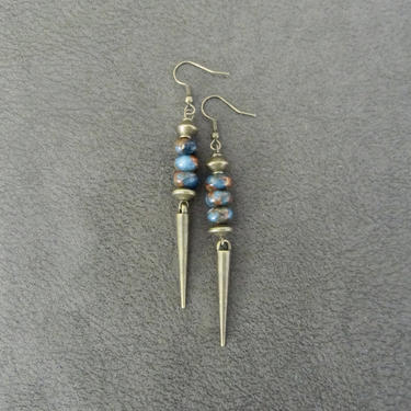 Blue jasper earrings, antique brass modern earrings, unique ethnic earrings, mid century, minimalist geometric earrings, boho chic earrings 