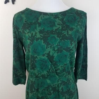 Vintage 1950's Wiggle Dress / 60s Green Floral Dress M/L 