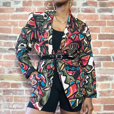 Vintage 1980s 1990s Abstract Graphic Boho Pop Art Earth Tone African Mixed Print Cowrie Shell Lightweight Long Jacket Blazer 