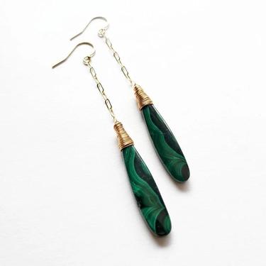 Green Malachite Pendulum Earrings, Gold