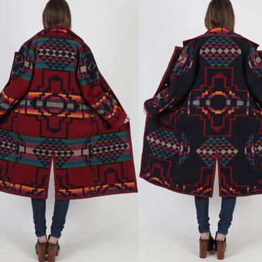 Reversible Southwestern Print Coat / Wool Unisex Burgundy Blanket Jacket / Large Shawl Collar / Button Native American Western Jacket 
