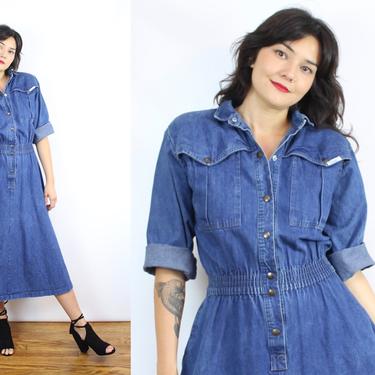 Vintage 80's Dark Blue Denim Midi Dress / 1980's Pockets Jean Dress / Fall / Long Sleeve Dress / Women's Size Large 