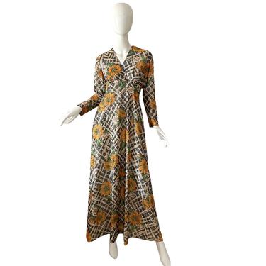 70s Avalon Metallic Dress / Vintage Psychedelic Maxi Dress / 1970s Sunflower Lurex Disco Dress Medium 