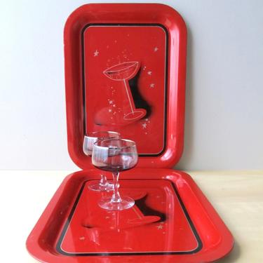 vintage martini cocktail tin tray - red black silver tiny bubbles midcentury barware 
