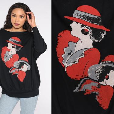 80s Graphic Shirt 1930s Fashion Illustration Woman Slouchy Top Black Red 1980s Long Sleeve Shirt Vintage Pullover Extra Large XL 