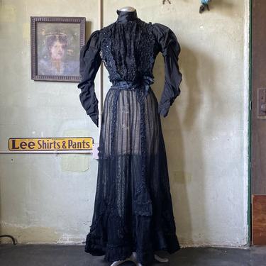 Antique Victorian Black & White Calico Print Work Dress Prairie Blouse & Skirt