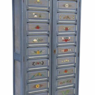 Antique French Folk Art Painted Blue Oak Two Door Wedding Armoire Kitchen Cabinet, Early 20th century, Polychrome decorated 