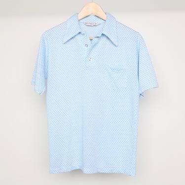 vintage 1950s 60s MUSINGWEAR blue and white big collar poly HENLEY men's shirt -- size medium 