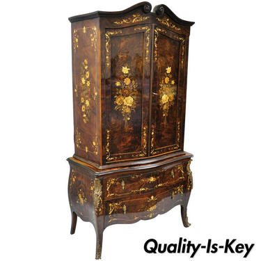 Italian Inlaid French Louis XV Style Bombe Armoire Tall Chest by Roma Furniture