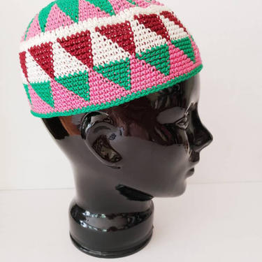 Vintage Berber Handknit Beanie Hat / North African Morocco Crochet Cotton Multicolored Hat Skull Cap Geometric Pink Green White / Ktulu 