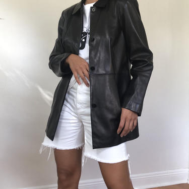 vintage long minimal black leather jacket, S to M 