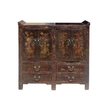 Chinese Distressed Dark Brown Vintage Graphic Tall Credenza Cabinet cs5807E 