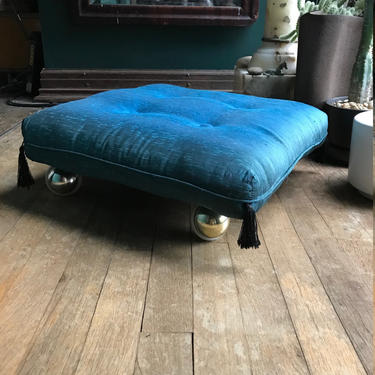 Vintage 1960s Teak Rolling Magic Combed Silk Pillow Cushion Low Ottoman Casters like Wormley Baughman Pearsall Buttons Tassels Floating 