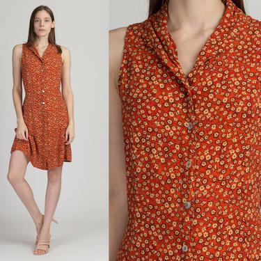 90s Orange Floral Mini Dress - Medium Large | Vintage Boho Grunge Button Front Sundress 