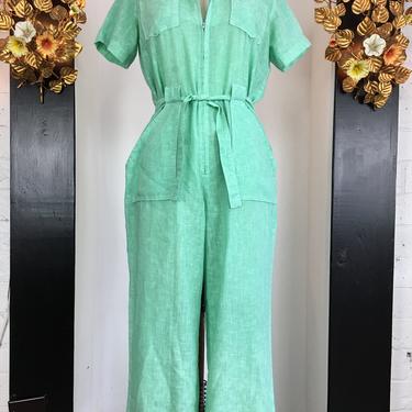 vintage jumpsuit, zip up jumpsuit, size medium, 1970s jumpsuit, green cotton blend, menswear style, uniform style, 1970s pantsuit, 28 waist 