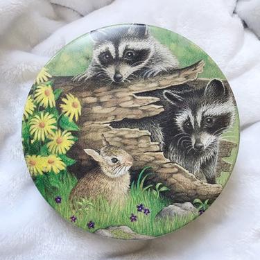 Vintage Spring Raccoon and Bunny Tin | Round Easter Decorative Cookie Tin by blindcatvintage