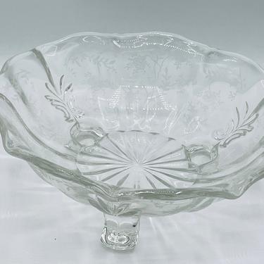 Vintage Fostoria Chintz Pattern Etched Floral Three Footed Glass Bowl 