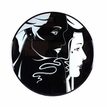 1990’s Christina Claypool Round Etched Mirror Woman’s Profile w Mask 