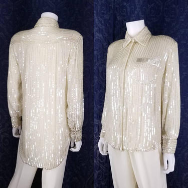 80s 90s Iridescent Ivory White Sequin Blouse ~ Vintage Silk Beaded Blouse ~ Glam Pastel Rainbow Sequin Shirt ~ New Years Eve Wedding Blouse 