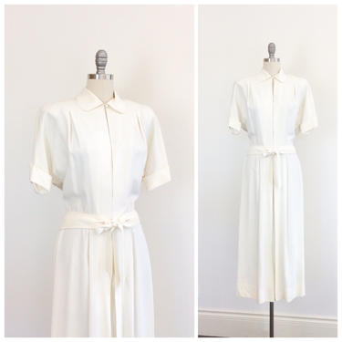 40s Ivory Rayon Dress / 1940s Vintage Collared Dress / Medium / Size 8 